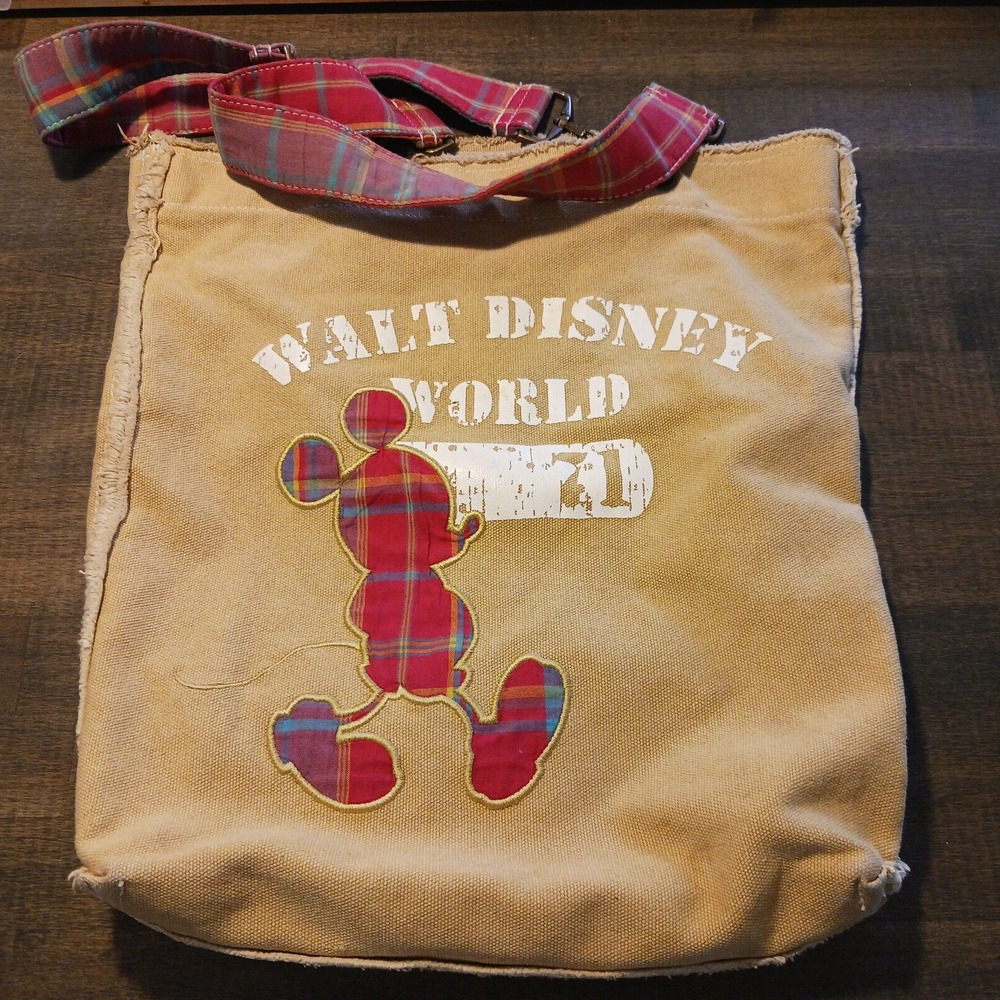 Vintage Walt Disney World Plaid Mickey Mouse Tan Canvas Tote Bag